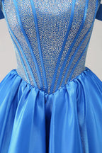 Cute Blue A Line Off The Shoulder Corset Homecoming Dress with Beading by WEDTREND