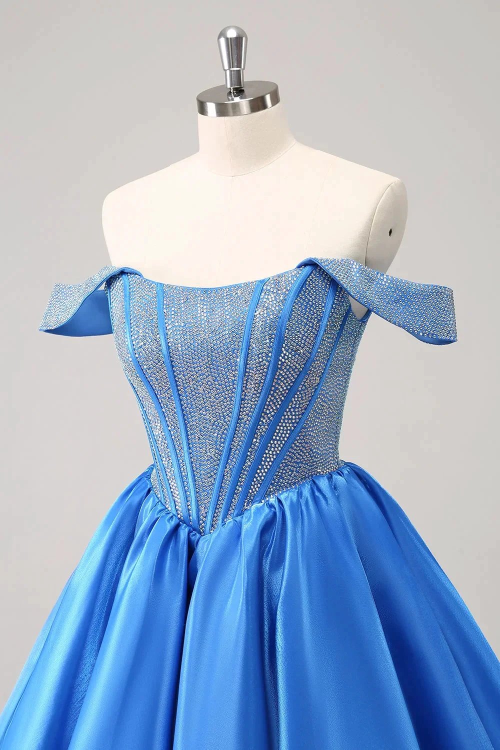 Cute Blue A Line Off The Shoulder Corset Homecoming Dress with Beading by WEDTREND