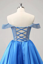 Cute Blue A Line Off The Shoulder Corset Homecoming Dress with Beading by WEDTREND