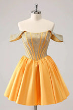 Cute Blue A Line Off The Shoulder Corset Homecoming Dress with Beading by WEDTREND