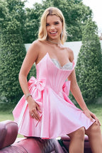 Cute Pink A Line Strapless Beaded Corset Ruffle Homecoming Dress with Bows by WEDTREND
