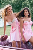 Cute Pink A Line Strapless Beaded Corset Ruffle Homecoming Dress with Bows by WEDTREND