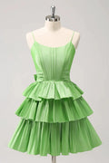 Cute Green A Line Spaghetti Straps Corset Tiered Ruffle Homecoming Dress with Bow by WEDTREND