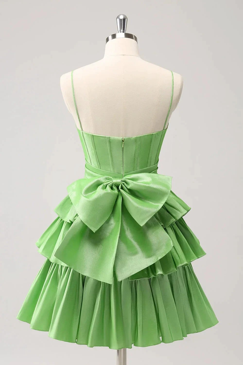 Cute Green A Line Spaghetti Straps Corset Tiered Ruffle Homecoming Dress with Bow by WEDTREND