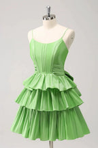 Cute Green A Line Spaghetti Straps Corset Tiered Ruffle Homecoming Dress with Bow by WEDTREND
