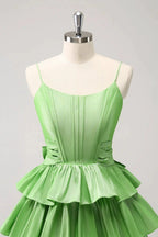Cute Green A Line Spaghetti Straps Corset Tiered Ruffle Homecoming Dress with Bow by WEDTREND