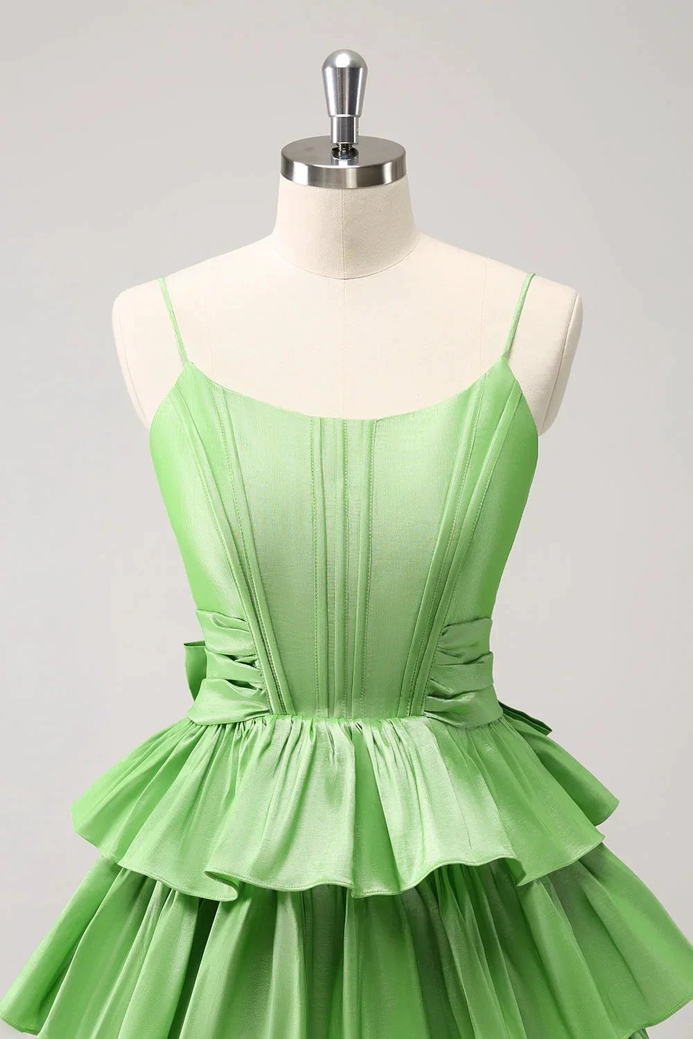 Cute Green A Line Spaghetti Straps Corset Tiered Ruffle Homecoming Dress with Bow by WEDTREND