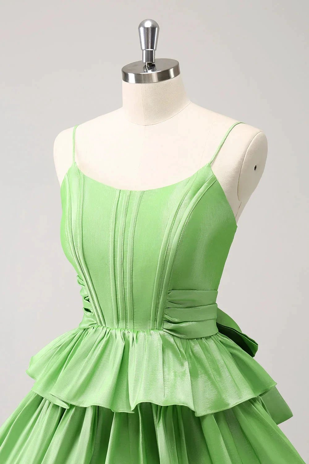 Cute Green A Line Spaghetti Straps Corset Tiered Ruffle Homecoming Dress with Bow by WEDTREND