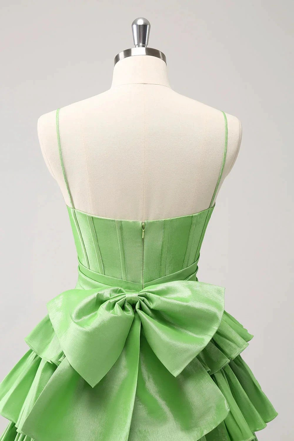 Cute Green A Line Spaghetti Straps Corset Tiered Ruffle Homecoming Dress with Bow by WEDTREND