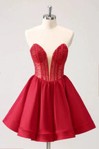 Cute Red A Line Strapless Corset Short Ruffle Homecoming Dress with Beading by WEDTREND