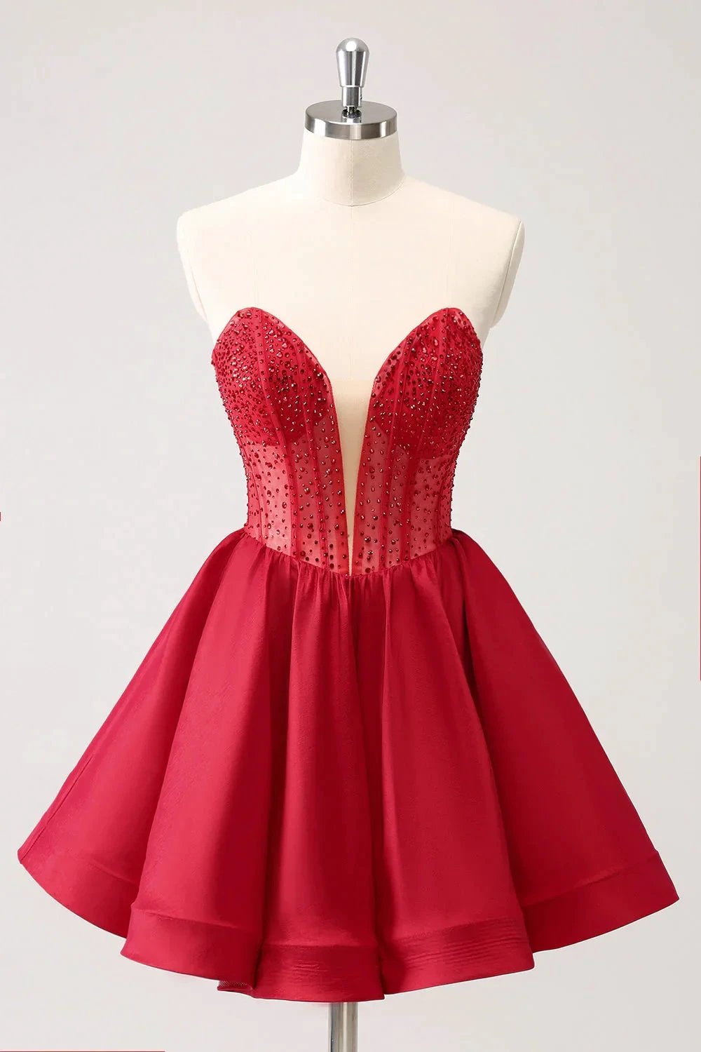 Cute Red A Line Strapless Corset Short Ruffle Homecoming Dress with Beading by WEDTREND