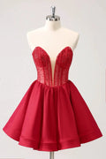 Cute Red A Line Strapless Corset Ruffle Homecoming Dress with Beading by WEDTREND