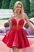 Cute Red A Line Strapless Corset Short Ruffle Homecoming Dress with Beading by WEDTREND