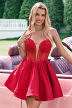 Cute Red A Line Strapless Corset Short Ruffle Homecoming Dress with Beading by WEDTREND