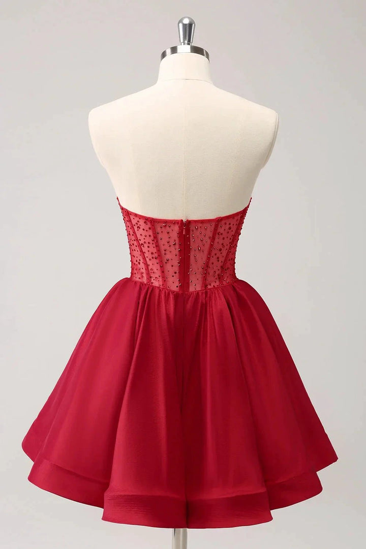 Cute Red A Line Strapless Corset Short Ruffle Homecoming Dress with Beading by WEDTREND