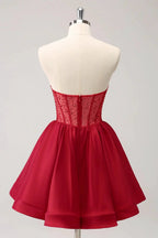 Cute Red A Line Strapless Corset Ruffle Homecoming Dress with Beading by WEDTREND