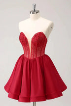Cute Red A Line Strapless Corset Ruffle Homecoming Dress with Beading by WEDTREND