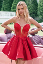 Cute Red A Line Strapless Corset Short Ruffle Homecoming Dress with Beading by WEDTREND