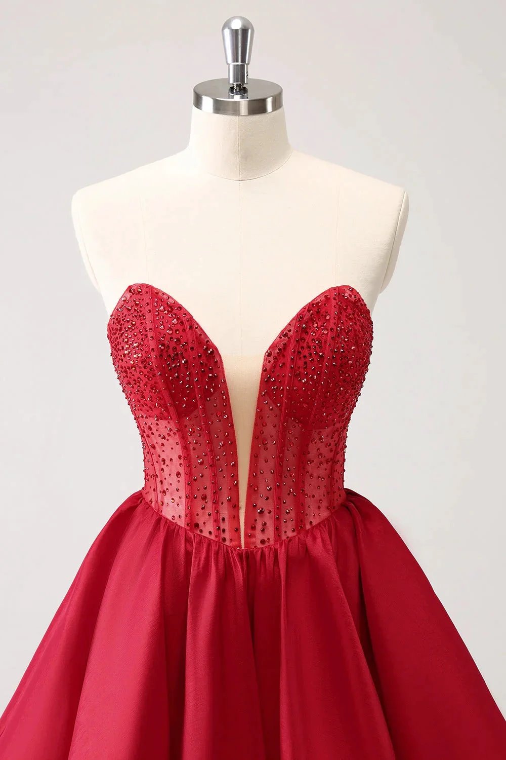 Cute Red A Line Strapless Corset Ruffle Homecoming Dress with Beading by WEDTREND