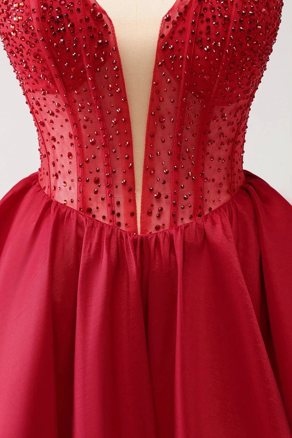 Cute Red A Line Strapless Corset Ruffle Homecoming Dress with Beading by WEDTREND