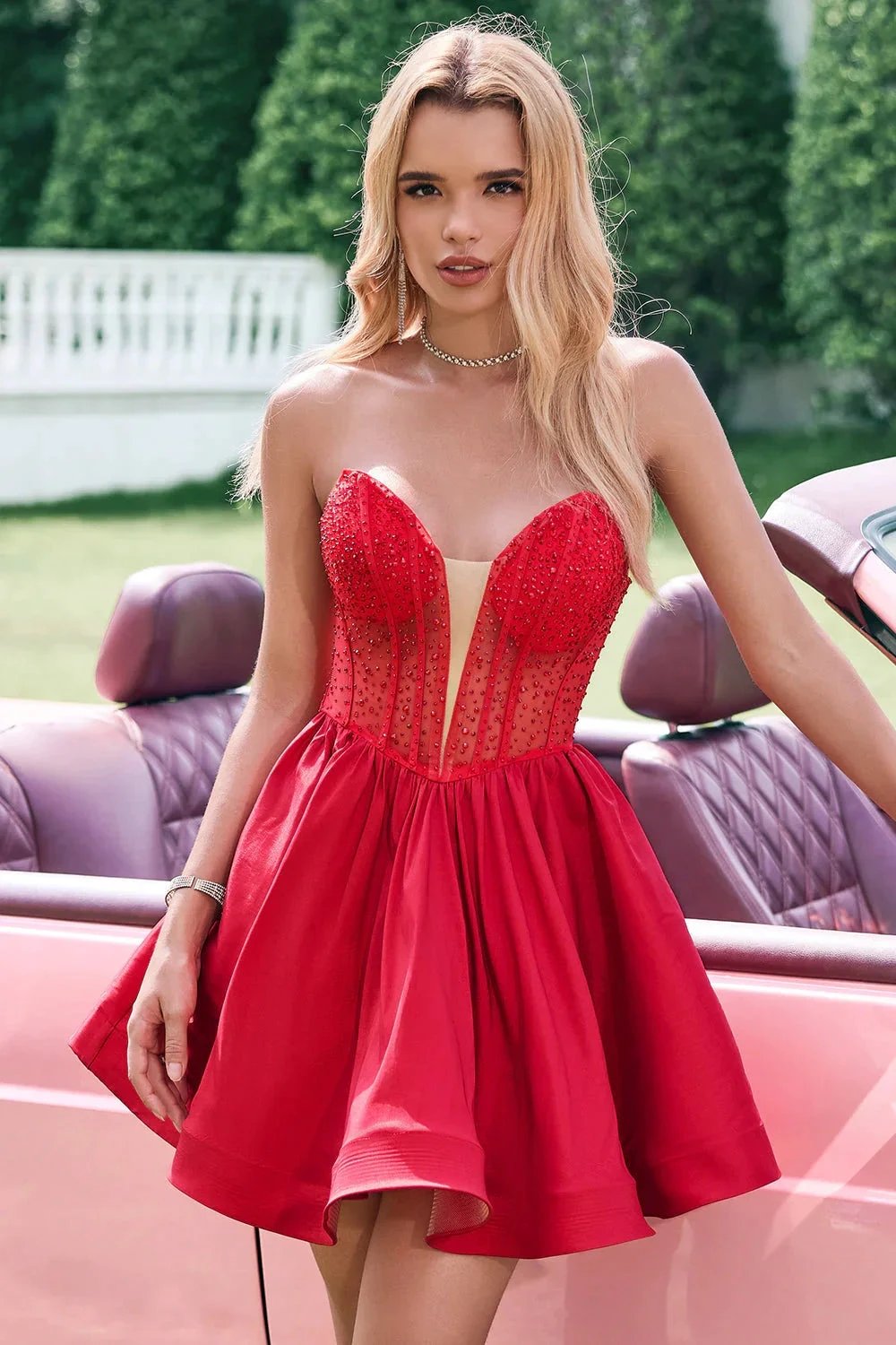 Cute Red A Line Strapless Corset Short Ruffle Homecoming Dress with Beading by WEDTREND