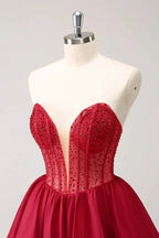Cute Red A Line Strapless Corset Ruffle Homecoming Dress with Beading by WEDTREND