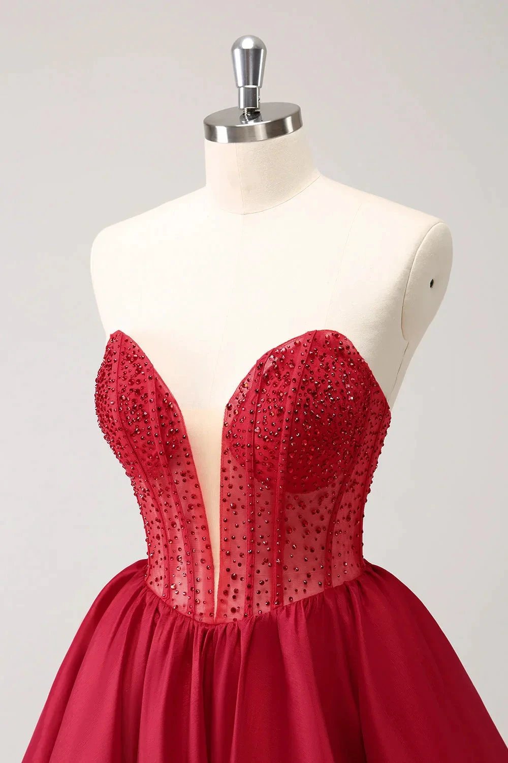 Cute Red A Line Strapless Corset Ruffle Homecoming Dress with Beading by WEDTREND