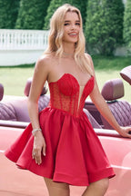 Cute Red A Line Strapless Corset Short Ruffle Homecoming Dress with Beading by WEDTREND