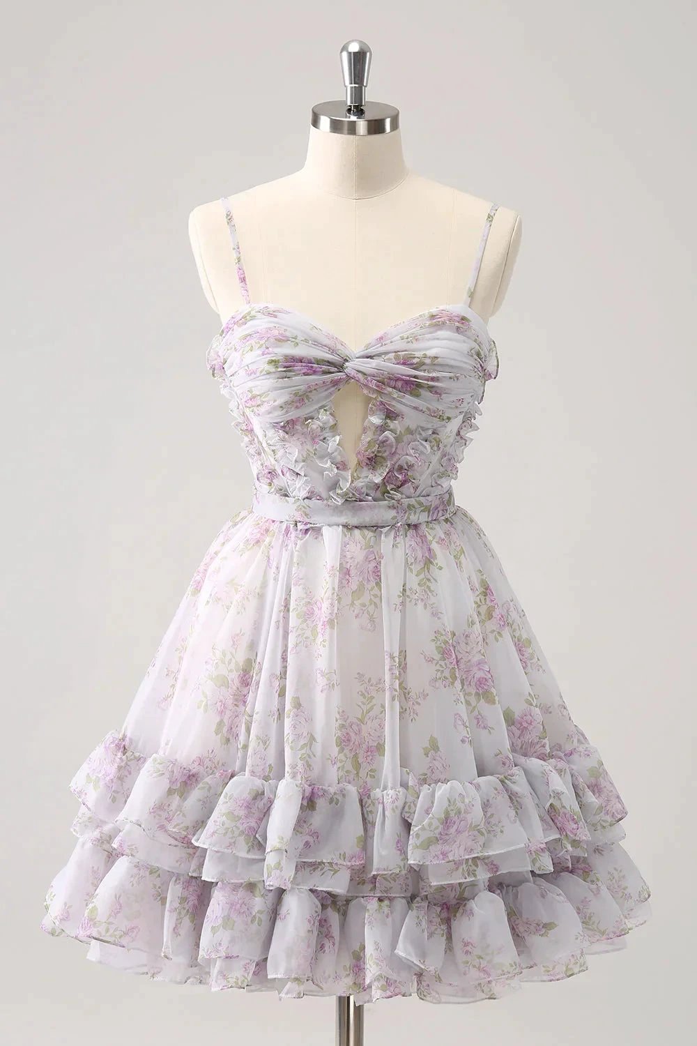 Cute Yellow A Line Cut Out Tiered Print Floral Homecoming Dress with Ruffles by WEDTREND