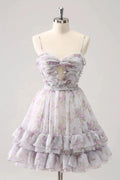 Cute Lilac A Line Cut Out Tiered Print Floral Homecoming Dress with Ruffles by WEDTREND