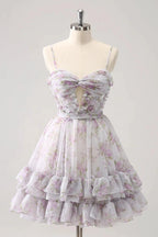 Cute Lilac A Line Cut Out Tiered Print Floral Homecoming Dress with Ruffles by WEDTREND