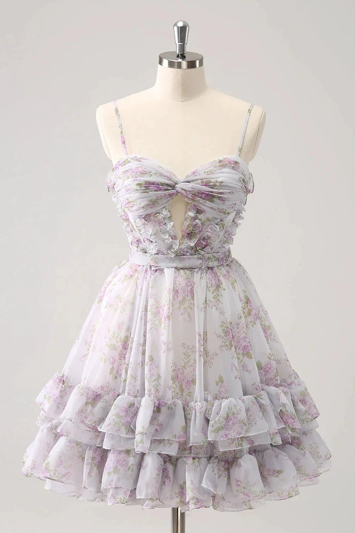 Cute Lilac A Line Cut Out Tiered Print Floral Homecoming Dress with Ruffles by WEDTREND
