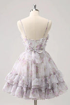 Cute Lilac A Line Cut Out Tiered Print Floral Homecoming Dress with Ruffles by WEDTREND