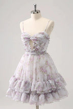 Cute Yellow A Line Cut Out Tiered Print Floral Homecoming Dress with Ruffles by WEDTREND