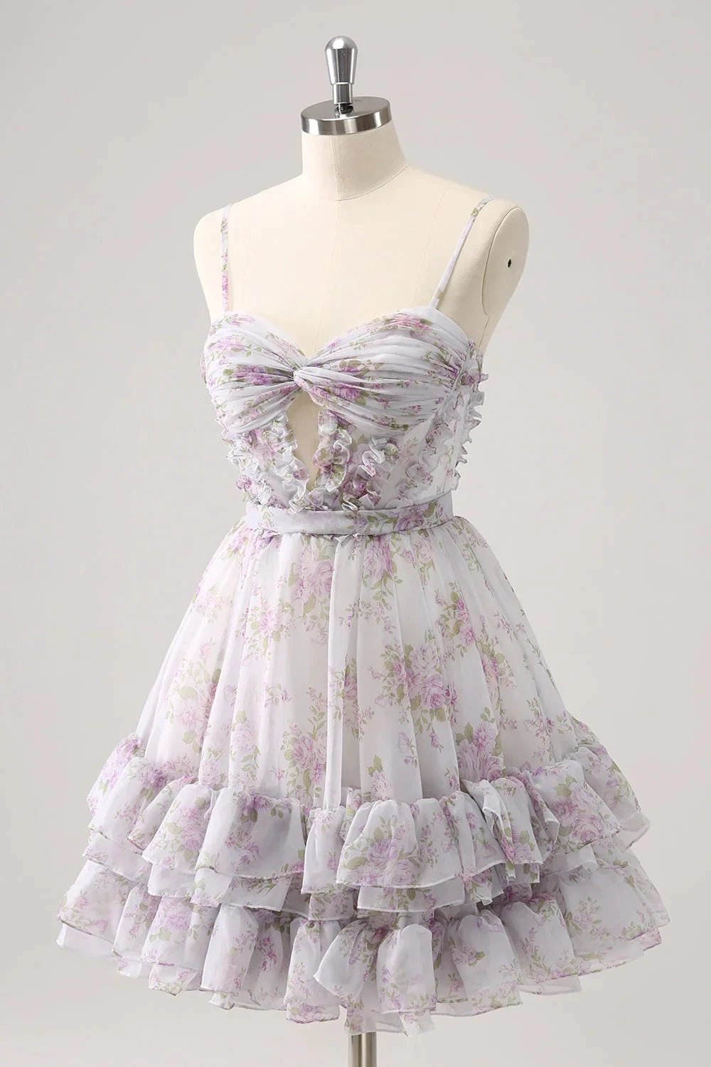 Cute Yellow A Line Cut Out Tiered Print Floral Homecoming Dress with Ruffles by WEDTREND