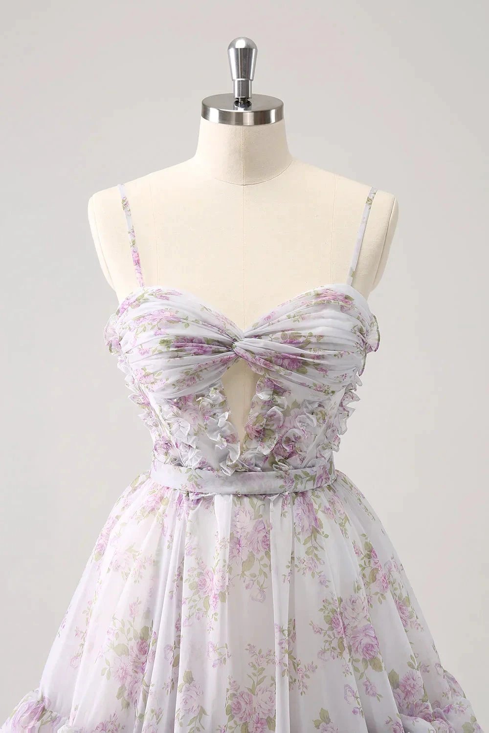 Cute Lilac A Line Cut Out Tiered Print Floral Homecoming Dress with Ruffles by WEDTREND