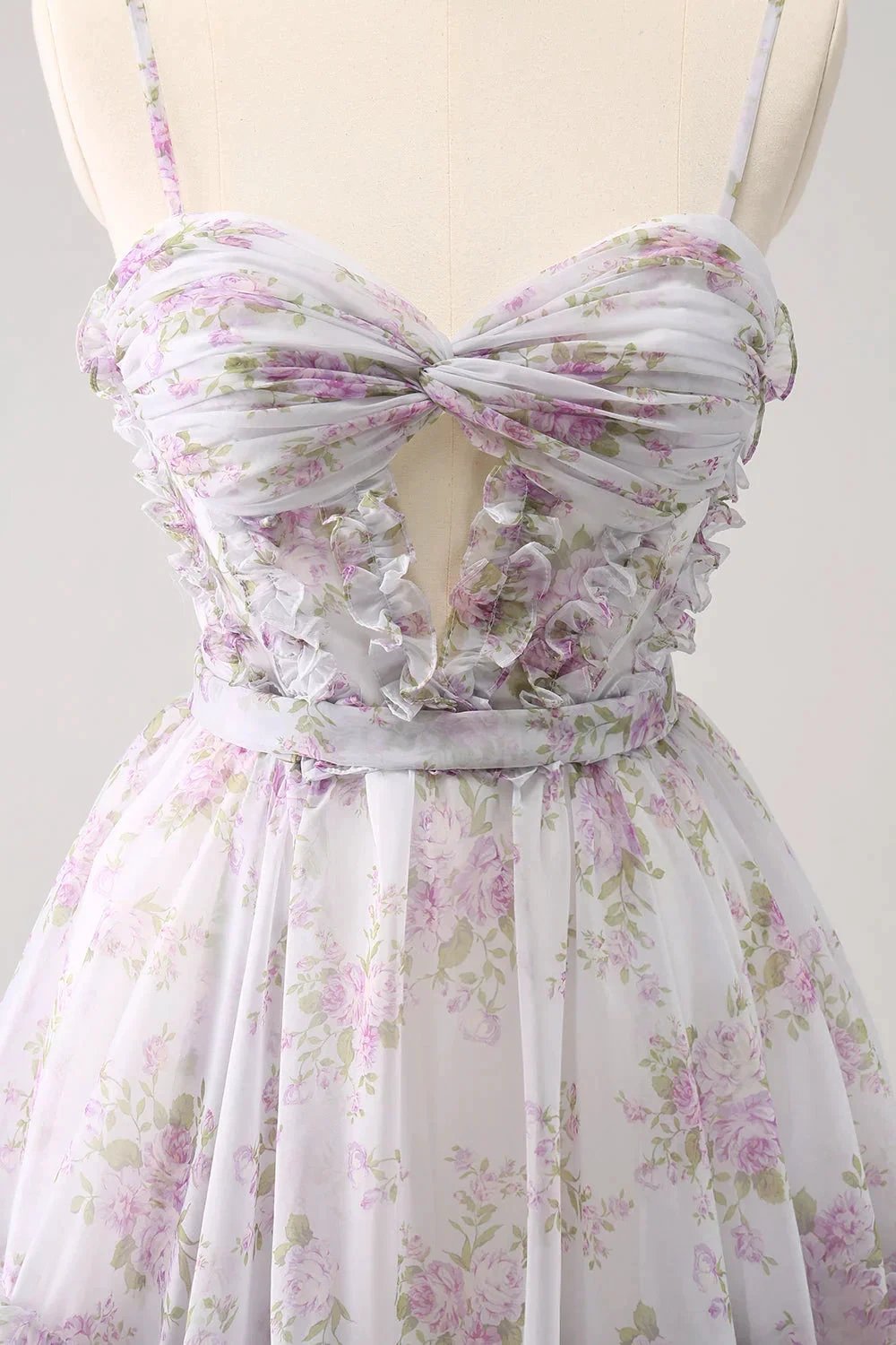 Cute Lilac A Line Cut Out Tiered Print Floral Homecoming Dress with Ruffles by WEDTREND