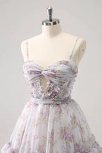 Cute Lilac A Line Cut Out Tiered Print Floral Homecoming Dress with Ruffles by WEDTREND