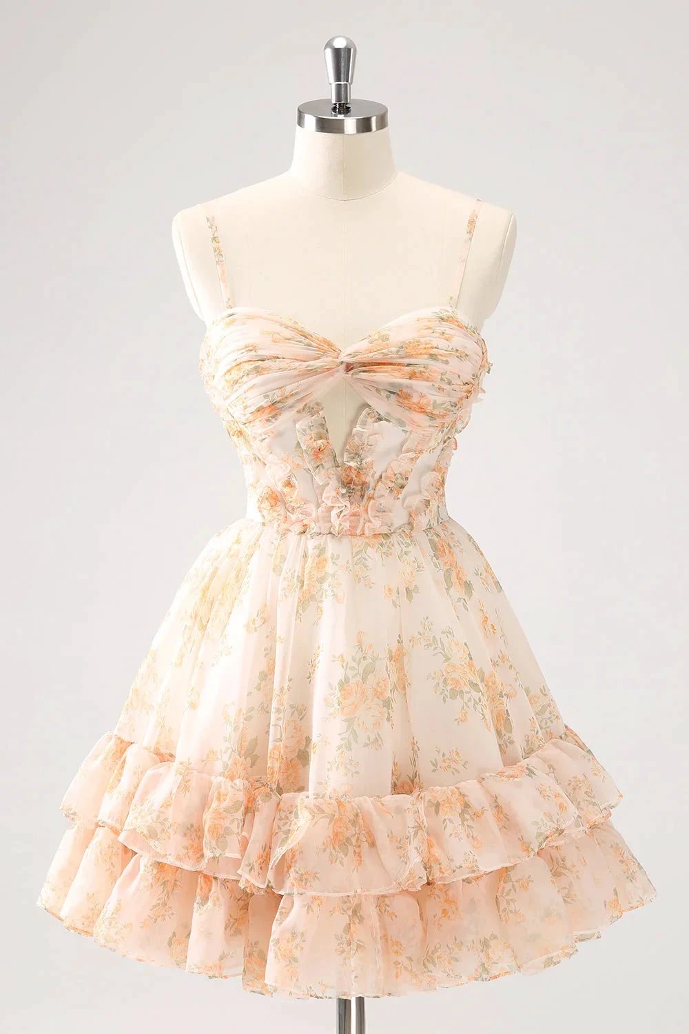 Cute Yellow A Line Cut Out Tiered Print Floral Homecoming Dress with Ruffles by WEDTREND
