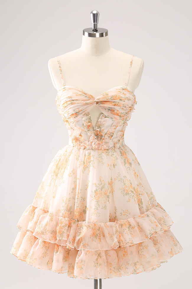 Cute Yellow A Line Cut Out Tiered Print Floral Homecoming Dress with Ruffles Hover Image