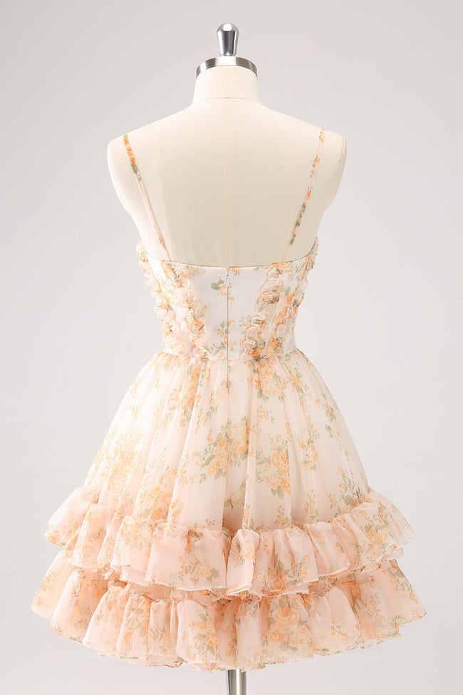 Cute Yellow A Line Cut Out Tiered Print Floral Homecoming Dress with Ruffles Main Image