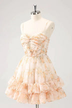 Cute Yellow A Line Cut Out Tiered Print Floral Homecoming Dress with Ruffles by WEDTREND