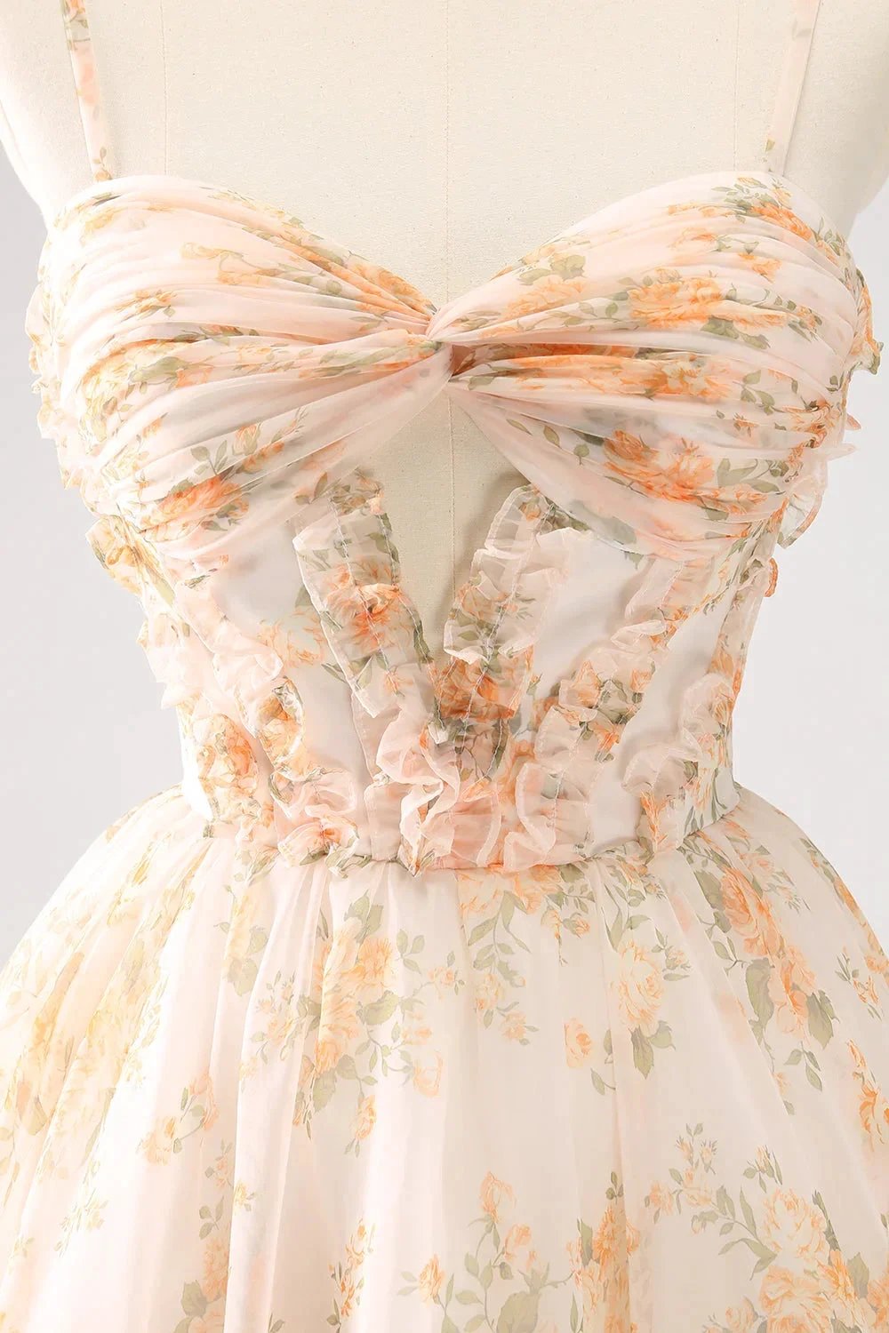 Cute Yellow A Line Cut Out Tiered Print Floral Homecoming Dress with Ruffles by WEDTREND