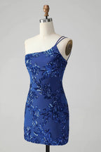 Classy Sparkly Pink Bodycon One Shoulder Sequins Homecoming Dress with Embroidery by WEDTREND