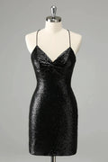 Black Bodycon Spaghetti Straps Sequins Short Homecoming Dress with Lace-up Back by WEDTREND