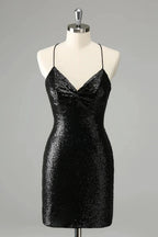 Black Bodycon Spaghetti Straps Sequins Short Homecoming Dress with Lace-up Back by WEDTREND