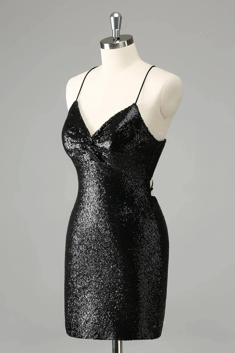 Black Bodycon Spaghetti Straps Sequins Short Homecoming Dress with Lace-up Back by WEDTREND