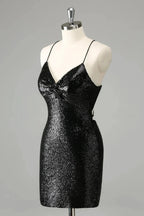 Black Bodycon Spaghetti Straps Sequins Short Homecoming Dress with Lace-up Back by WEDTREND