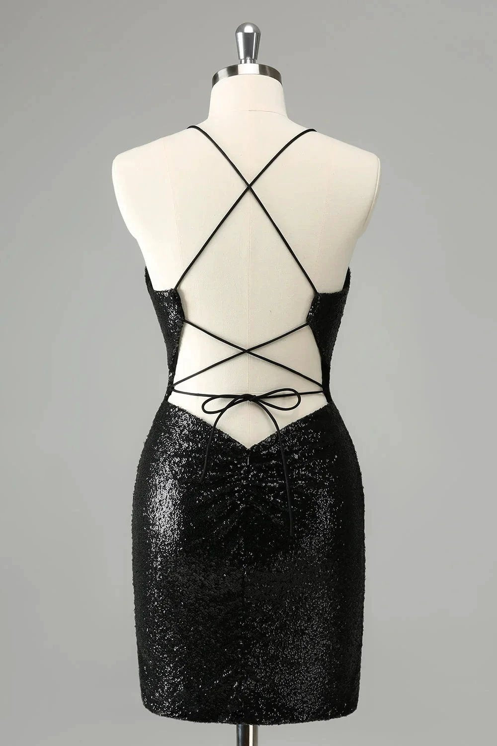 Black Bodycon Spaghetti Straps Sequins Short Homecoming Dress with Lace-up Back by WEDTREND