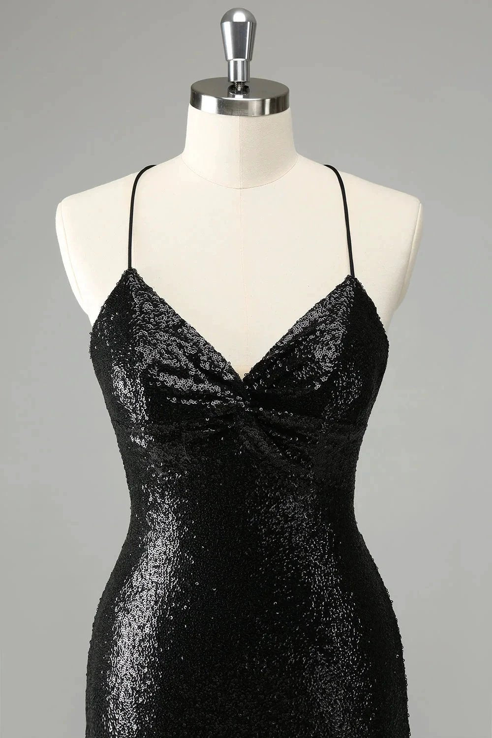 Black Bodycon Spaghetti Straps Sequins Short Homecoming Dress with Lace-up Back by WEDTREND